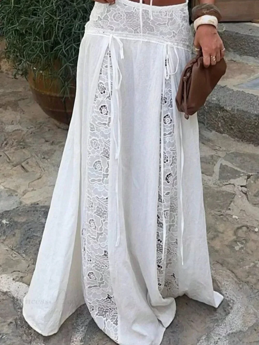 White Elegant Women's Lace Patchwork Overlocked Hem Skirt